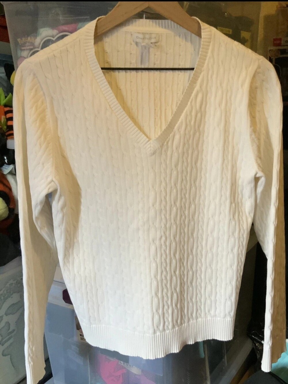 Charter Club Womens Sweater Cable Knit V Neck Pima Cotton white Size large